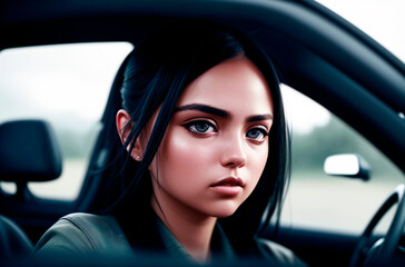 Close-up of a beautiful girl driving a car. A woman drives a car. Generative AI.