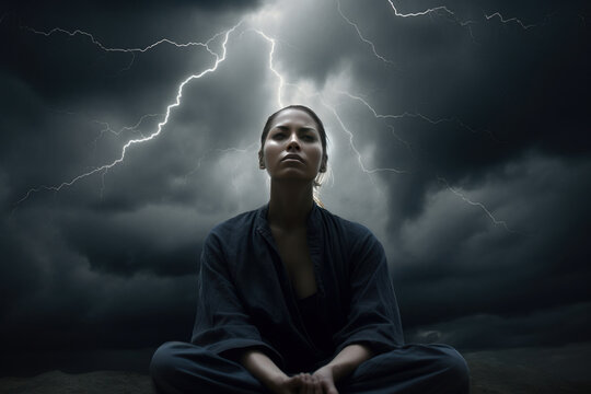 Surreal image of a woman meditating with dark clouds and lightning in the background.  Generative Ai.
