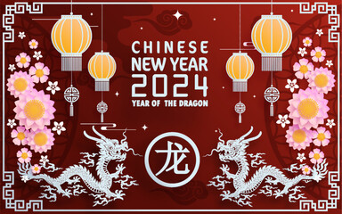 Happy chinese new year 2024 year of the chinese dragon zodiac with on color Background. ( Translation : happy new year, chinese dragon )
