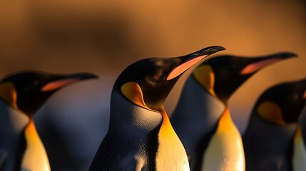 a large group of penguins stand in the sunlight together in this closeup