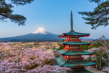 Fujiyoshida, Japan at Chureito Pagoda and Mt. Fuji in the Spring