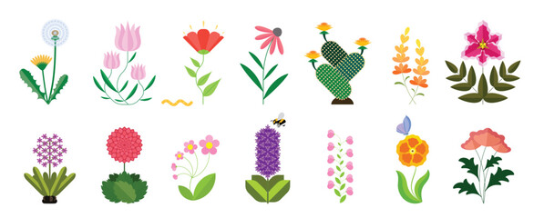Flower flat icon set isolated on white. Various colorful garden flowers including field flowers, dandelion, taraxacum, dahlia, lilly, cactus, lilac.