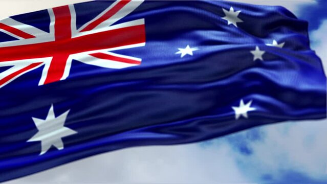 Australia Flag. Beautiful waving Australia Flag on the Blue Sky background, Close-up. Wavy National Australian Flag, main Australian symbol, 3D 4K video. Banner ribbon of the Commonwealth of Australia