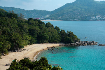 Laem singh beach view in a sunny day from Laem Singh viewpoint, the tourist destination in Phuket, Thailand