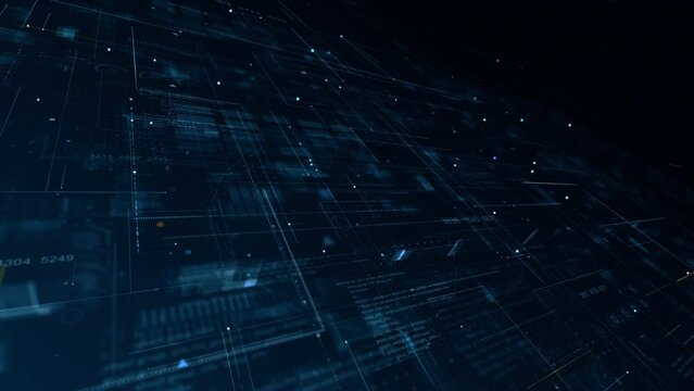 Motion graphic of Blue data matrix simulation digital line and grid perspective technology with futuristic HUD screen abstract background concept