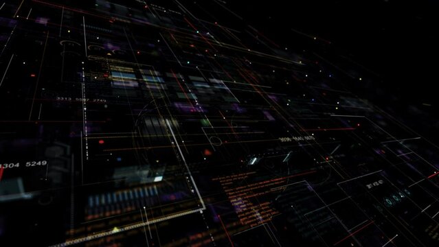 Motion graphic of Blue data matrix simulation digital line and grid perspective technology with futuristic HUD screen on black background abstract background concept