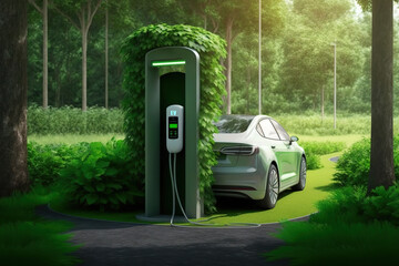 The EV car is charging electrical fuel at the EV station in greenery forest environment. Go green vehicle concept. Generative Ai image.	
