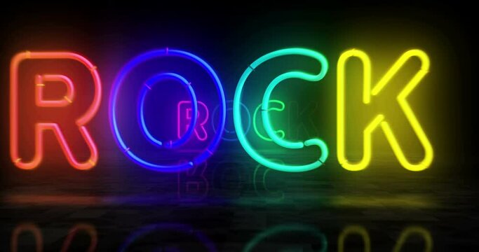 Rock neon symbol. Light color bulbs. Entertainment music event  abstract seamless and loopable concept. 3d flying through the tunnel animation.