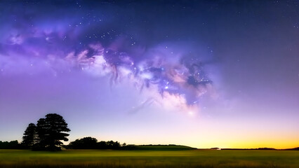 Milky Way arch. Fantastic night landscape with bright arched milky way, sky with stars, and hills - AI Generative