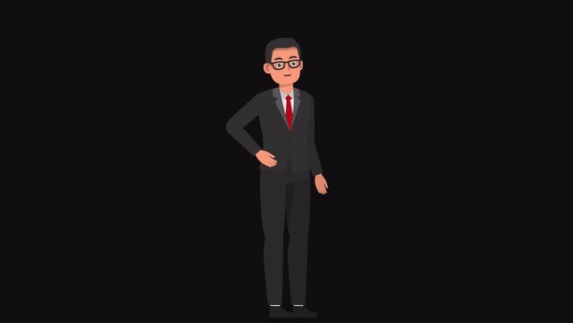 High resolution 2d cartoon male character in business outfit talking on alpha channel background in seamless loop.