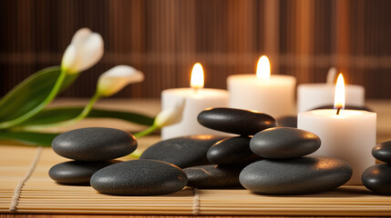 Fototapeta na wymiar Spa Massage basalt stones with candles, lotus flowers, orchid flower and towels on bamboo mat. Generative AI.