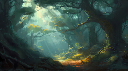 enchanting view of a celestial forest. digital art illustration. generative AI