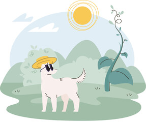 Dog in sunglasses in forest sitting on green grass, plants and hot sun on background, pet hides his eyes from bright rays. Climate change, global warming concept. Meadow landscape with animal