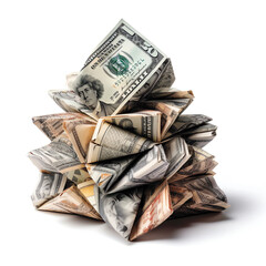 funny dollar bills folded into origami, isolated white object. generative AI