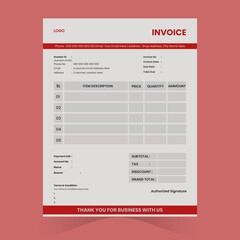 Professional red Invoice template design, Letter size invoice design, colorful invoice design, simple invoice design
