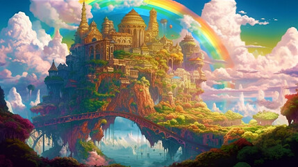 kingdom hidden in the clouds, with a giant rainbow bridge leading up to it. colorful fractal architecture. dream castle.
Created using generative IA