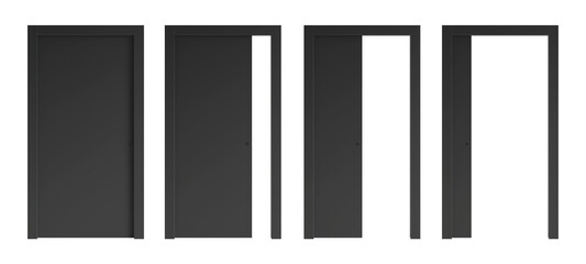 Set of four opening options of isolated black sliding doors. The door is closed, the door is 1/4 open, the door is 1/2 open, the door is 3/4 open. Front view. 3d render