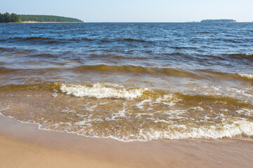 Sandy beach on the Koyonsaari Island. Ladoga Lake. Karelia Republic landscape, Russia