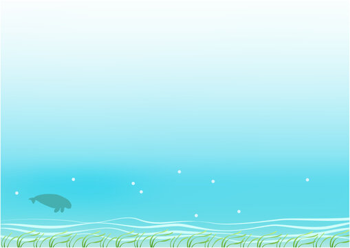 background with cartoon-style illustration of dugong swimming in eelgrass field