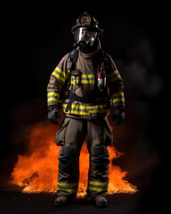full body Firefighter portrait with gas mask on , Generative AI Illustration