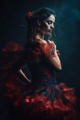 Beautiful woman in red tango dress, Generative AI Illustration