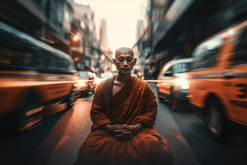detachment and disconnect  concept with Buddhist monk meditating on bussy street, Generative AI illustration - obrazy, fototapety, plakaty