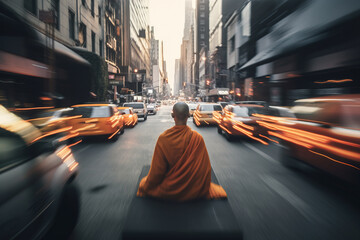 Fototapeta enlightenment concept with Buddhist monk meditating on busy street, Generative AI illustration obraz