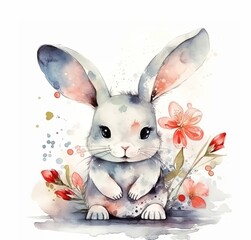 Cute and pretty naive bunny childish watercolor. Generated ai.