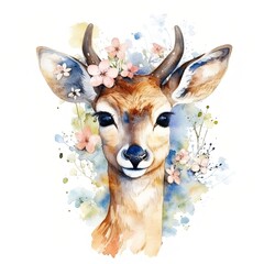 Cute deer watercolor portrait with pretty flowers. Generated ai.
