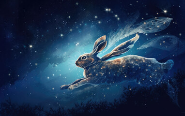 Obraz na płótnie Canvas fantastical bunny rabbit soaring through the starry night sky. generative AI.