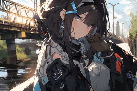 Cute anime girl with black hair and blue eyes on a railroad bridge background at a summer day. Generated ai.