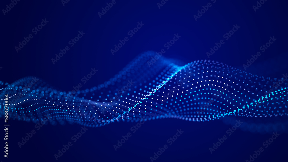 Poster futuristic wave of dots with moving particles. abstract technology background. 3d visualization of b