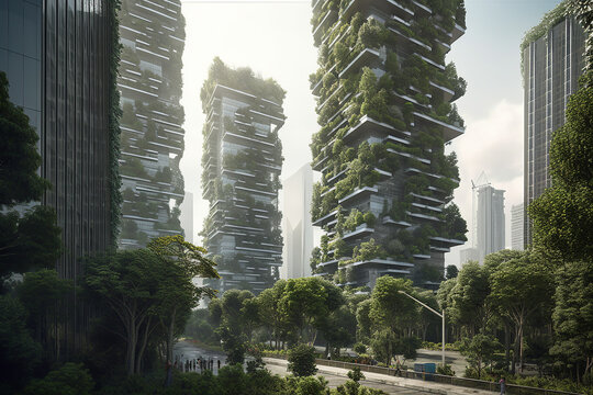 A city skyline with towering greenery integrated into buildings, helping to reduce the urban heat island effect and improve air quality. Generative AI