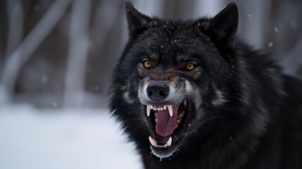 Wild and Fierce: Close-Up Portrait of a Snow-Covered Black Wolf Howling in Anger in the Arctic Wilderness, snowy soft blur on background copy space camping dangerous