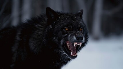 Wild and Fierce: Close-Up Portrait of a Snow-Covered Black Wolf Howling in Anger in the Arctic Wilderness, snowy soft blur on background copy space camping dangerous