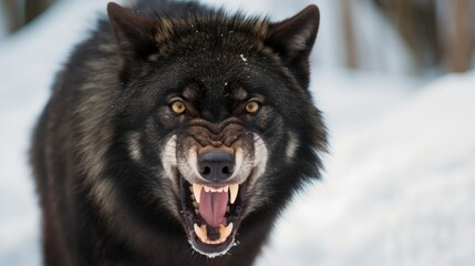 Wild and Fierce: Close-Up Portrait of a Snow-Covered Black Wolf Howling in Anger in the Arctic Wilderness, snowy soft blur on background copy space camping dangerous