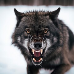 Wild and Fierce: Close-Up Portrait of a Snow-Covered Black Wolf Howling in Anger in the Arctic Wilderness, snowy soft blur on background copy space camping dangerous, generative ai
