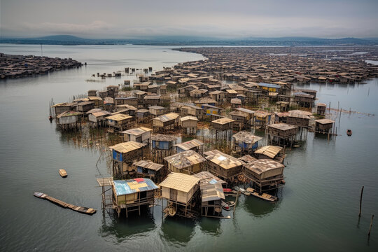 An imagined future where communities adapt to the impacts of rising sea levels by building floating cities or coastal communities on stilts. Generative AI