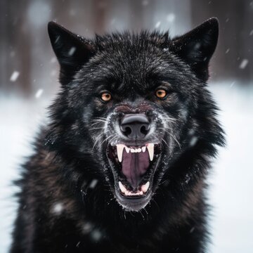 Wild and Fierce: Close-Up Portrait of a Snow-Covered Black Wolf Howling in Anger in the Arctic Wilderness, snowy soft blur on background copy space camping dangerous, generative ai