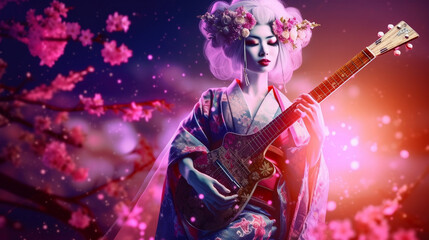 Oiran playing electric guitar in the night cherry blossoms