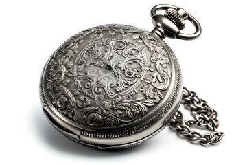 vintage silver pocket watch, isolated white object. generative AI