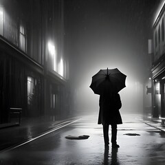 Mężczyzna idący w deszczowy wieczór ulicą. Wygenerowane przez AI. - obrazy, fototapety, plakaty