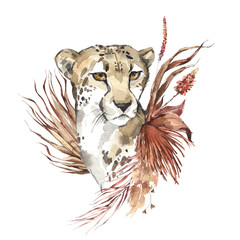 Watercolor cheetah portrait with dried leaves. African animlas clipart. Zoo nature illustration for kids products. World fauna and flora. Hand drawn wild cat head with floral bouquet print on - 588773098