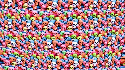 Turbulent scroll of colorful rainbow candy skulls . Distorted pattern of digital painting in pop style for Halloween events - Powered by Adobe