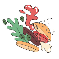 Illustration of a weightless burger with flying sauce, cutlet, cucumbers and sesame