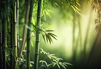 Fresh Bamboo Trees In Forest With Blurred Background.illustration. AI generative.