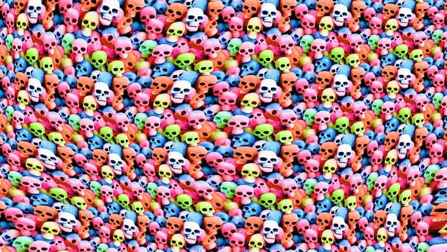 Turbulent scroll of colorful rainbow candy skulls . Distorted pattern of digital painting in pop style for Halloween events