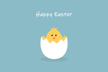 happy easter minimal design with egg and little chick on blue background