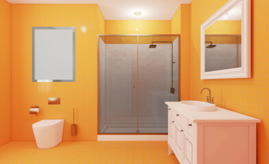 A refreshing shower: a bathroom with bright yellow tiles and a spacious cubicle. 3D rendering.. Empty paintings