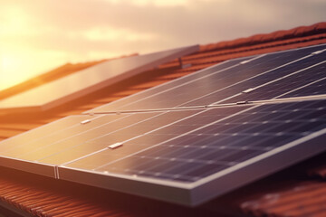 Shining Solar Power: Solar Panel on House Roof with Sun Reflection